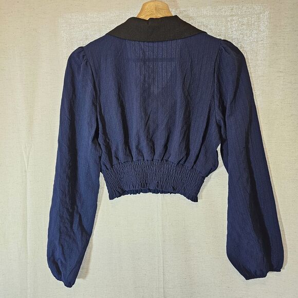 Navy Blue And Black Vneck Cropped Top Cute Anime Whimsygoth Witchy Academia - Picture 5 of 7